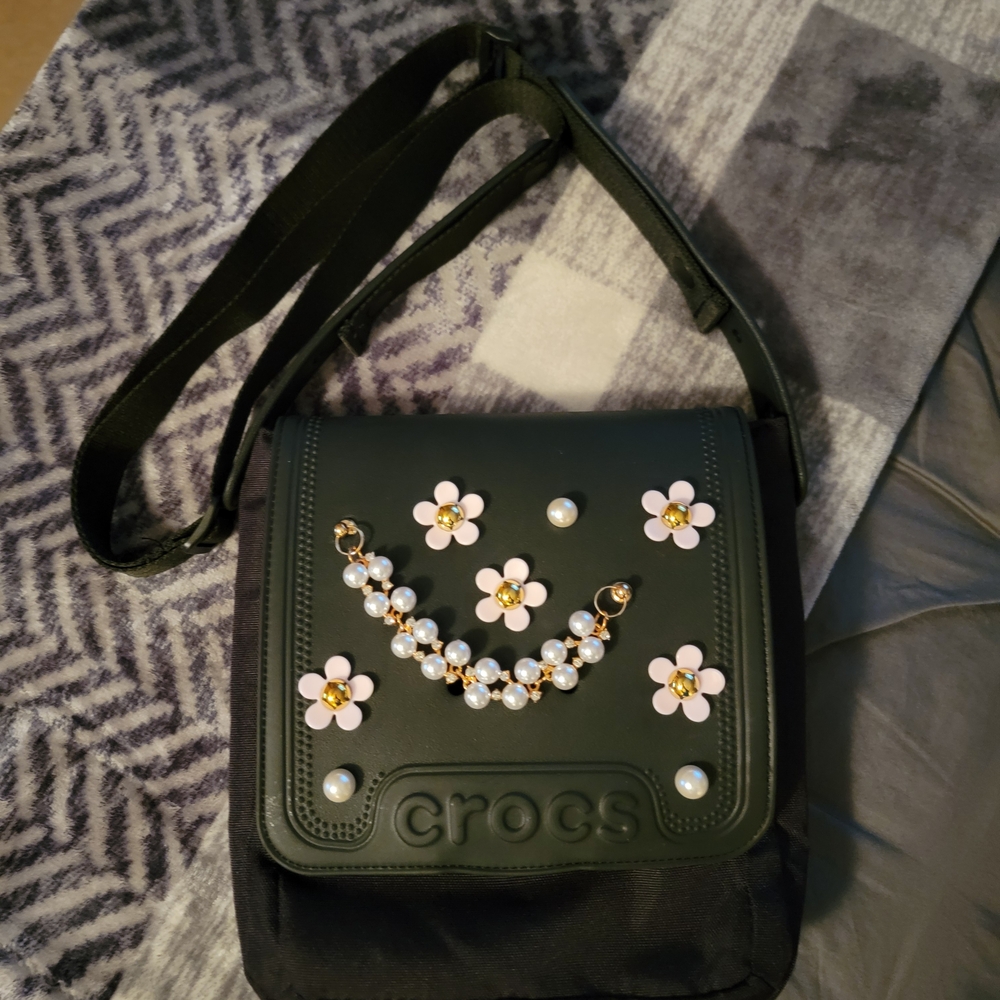 CROCS Black Crossbody Bag with Floral Charm Embellishments